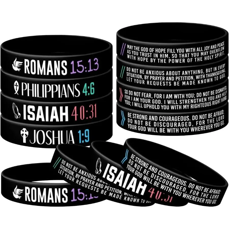 (12-Pack) Christian Silicone Bible Verse Bracelets - Isaiah 40:31, Philippians 4:6, Joshua 1:9, Romans 15:13 - Religious Party Favors, Christian Gifts, Bracelet, Matching Couple Bracelets, Silicone Band