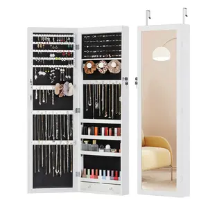 Jewelry Cabinet With Lights, Lockable Jewelry Organizer Rotatable Full Length Mirror, Wall Mounted/Door Hanging, 47.2-Inch Tall, White