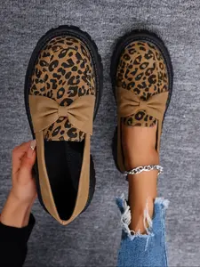 Women's Fashion Leopard Print Bowknot Design Slip on Flats, Fashionable Flats, Casual Comfortable Flat Shoes for Daily Wear, Lightweight Breathable Shoes for All Seasons, Girl, Leopard Pattern