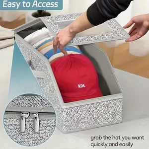 Set of 2 hat storage boxes that can hold up to 24 hats; durable cardboard construction; classic design; closet organizer tool; prevents dust accumulation and bacteria buildup; stackable with clear window for closets/wardrobes/bedrooms.