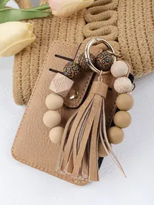 Vintage PU Leather Beaded Wristlet Keychain with Card Holder, Zipper Wallet Tassel Keychain, Mother's Day Gift for Women, Stylish Keychain