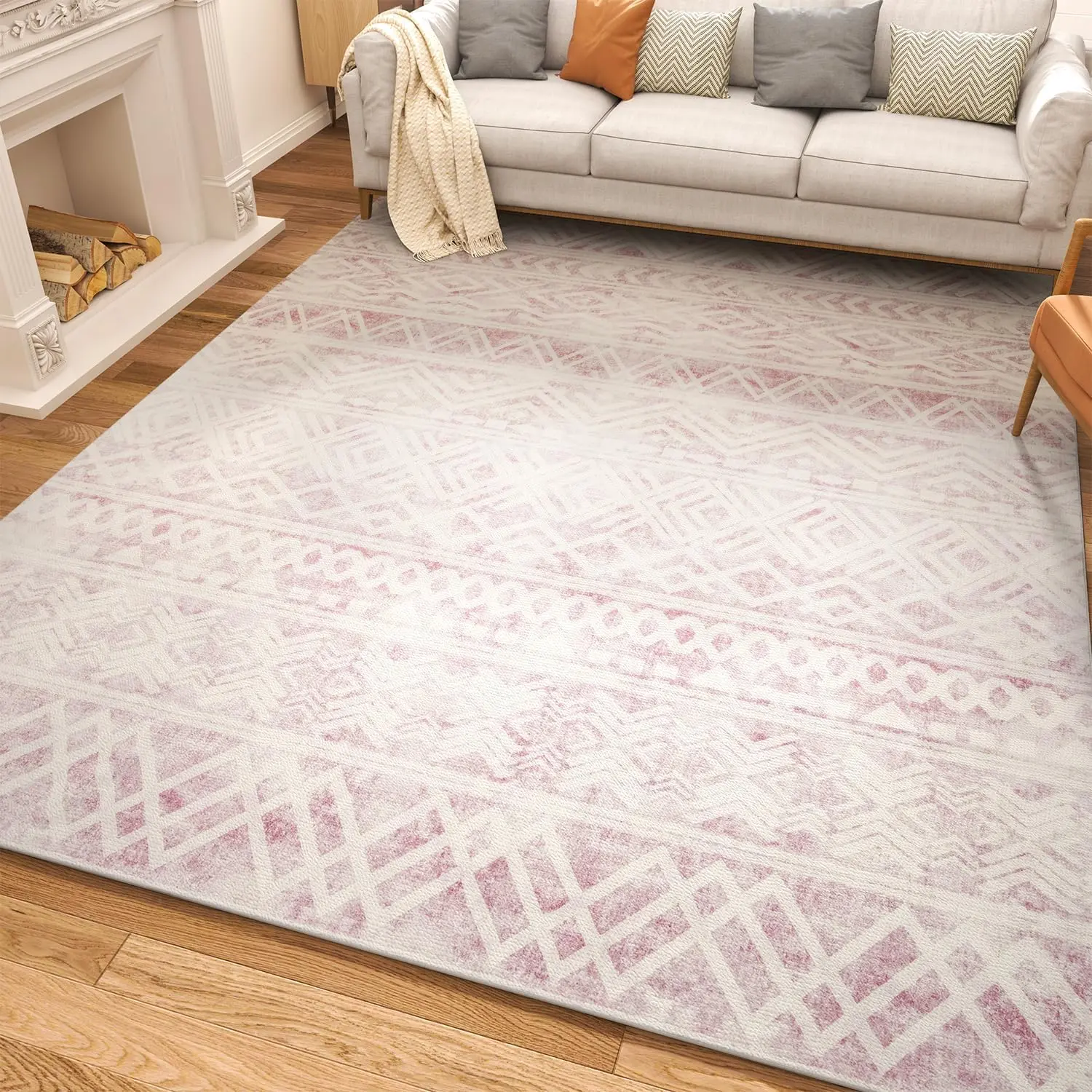 Area Rugs for Living Room Washable Rugs Boho Area Rug Soft Neutral Geometric Moroccan Carpet Distressed Indoor Rug for Bedroom Dining Room Office Foldable Nonslip Rug Pink