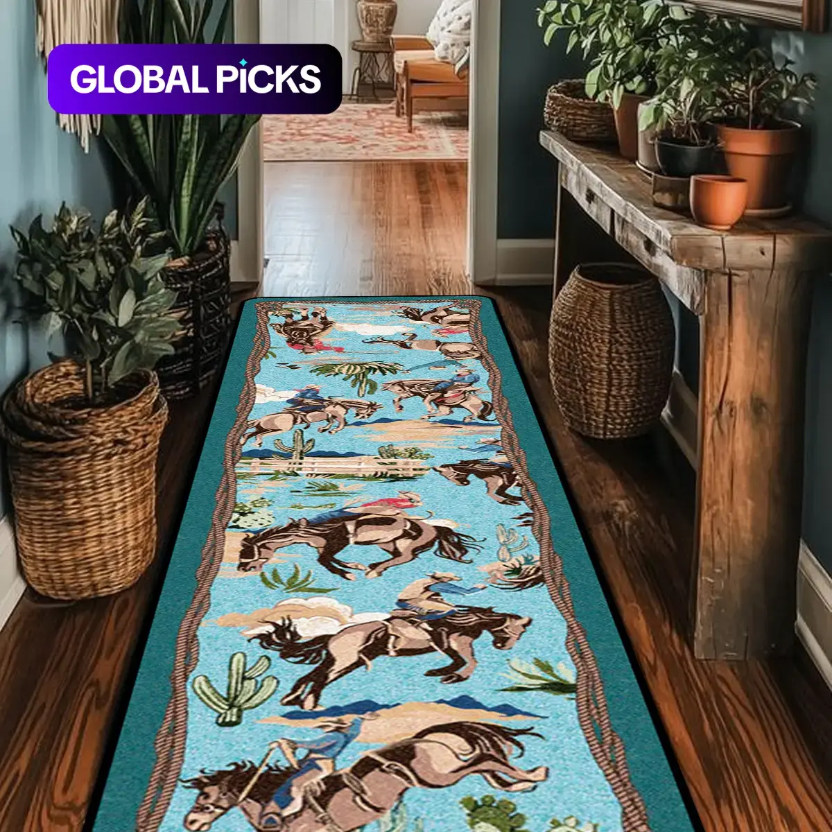 Western Cowboy Pattern Decorative Area Rug, Machine Washable Area Rugs, Non-Slip Soft Washable Foldable Floor Mat, Indoor Vintage Runner Rug for Home, Living Room and Bedroom #GLOBAL PICKS