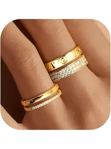 THUNARAZ 3-Piece 18K Gold-Plated Unisex Dainty Stackable Set, Cubic Zirconia Dazzling Elegant Promise Stacking Bands, Thumb & Wedding Jewelry for Christmas Gift, Cubiczirconia, Promisestackingrings