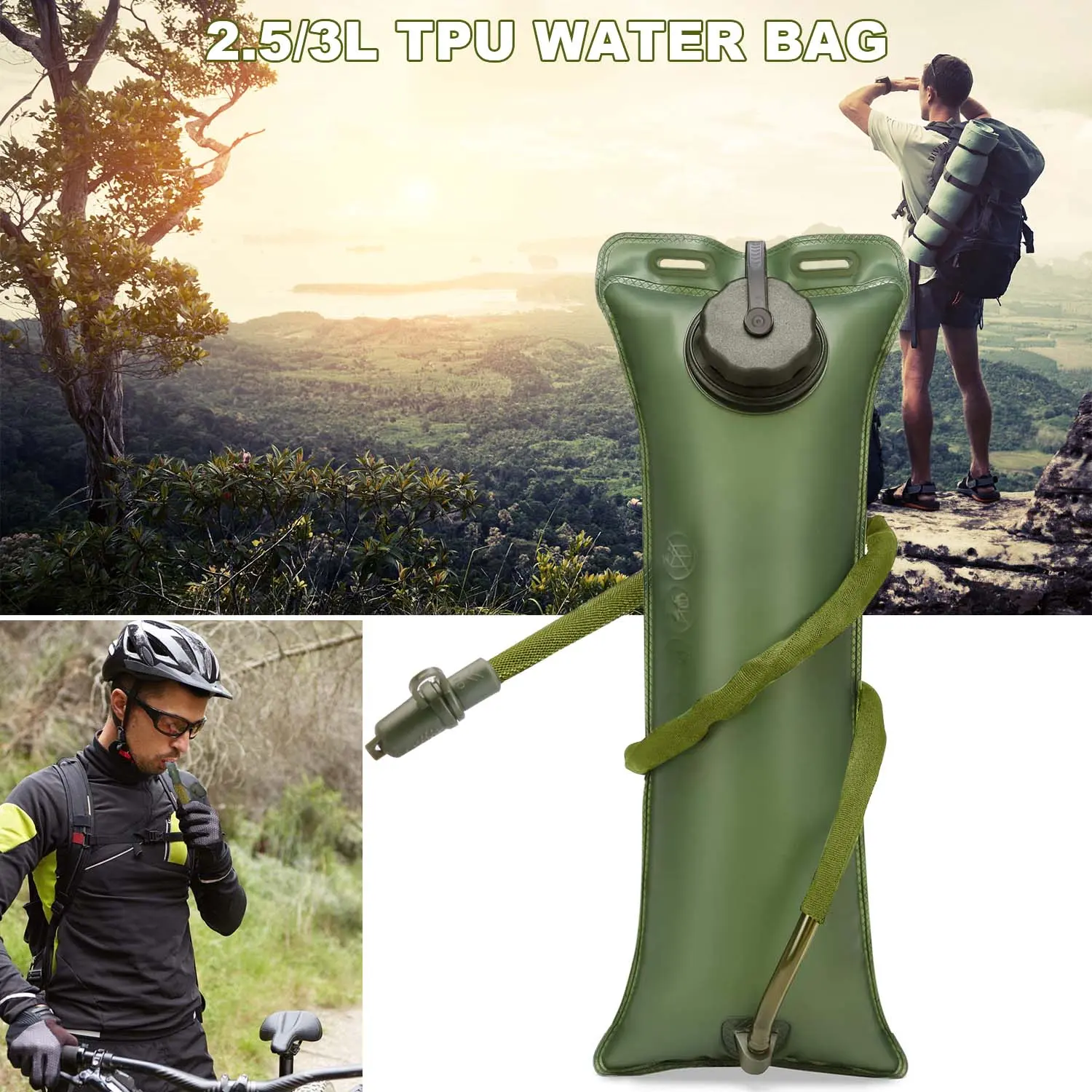 2.5L/3L Water Bladder Hydration Bladder, Leak Proof EVA Water Reservoir with Tube, for Hiking Camping Cycling Running, Military Green, Outdoor Sports Hydration Pack Water Bag