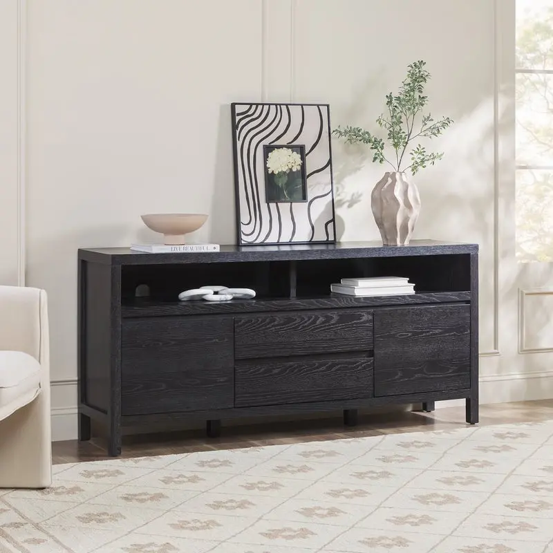 Walker Edison 65 in. Black Modern Farmhouse Rustic Solid Oak Wood Sideboard - Adjustable Shelves, Double Door, Drawer Storage, Easy Install, High-Capacity, Adjustable Shelves Sideboards, Double Door Sideboards