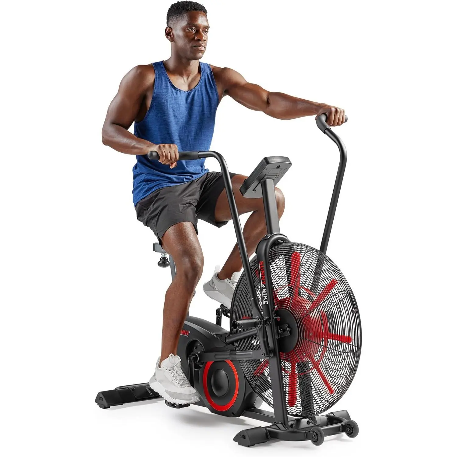 JHUFASSunny Health & Fitness Smart Heavy-Duty Fan Bike for HIIT Cycling Workout | Preset & Custom Intervals, Unlimited Air Resistance, Full-Body Dual Action, 330LB Capacity, 4-Way Adjustable Seat, Home Gym