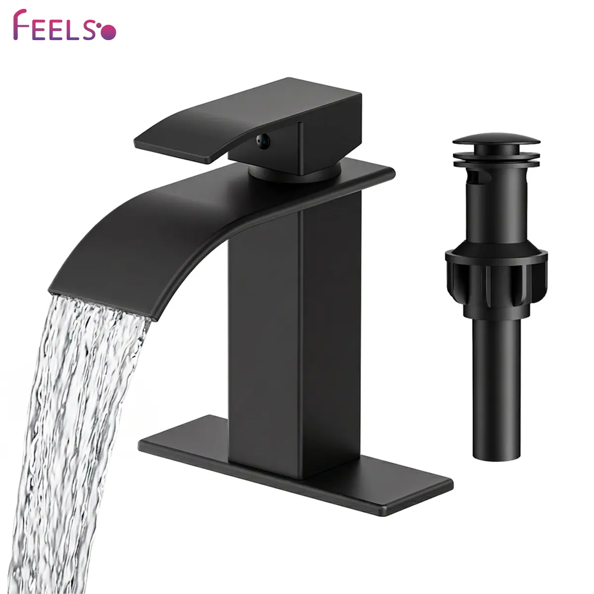 FEELSO Waterfall Bathroom Faucet in Matte Black Stainless Steel with Modern Single Handle, Base, Pop‑Up Drain, Supply Hoses – Fits 1 or 3‑Hole Sinks for Basin