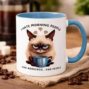 Grumpy Cat with Coffee I Hate Morning People Mug | Accent Coffee Mug