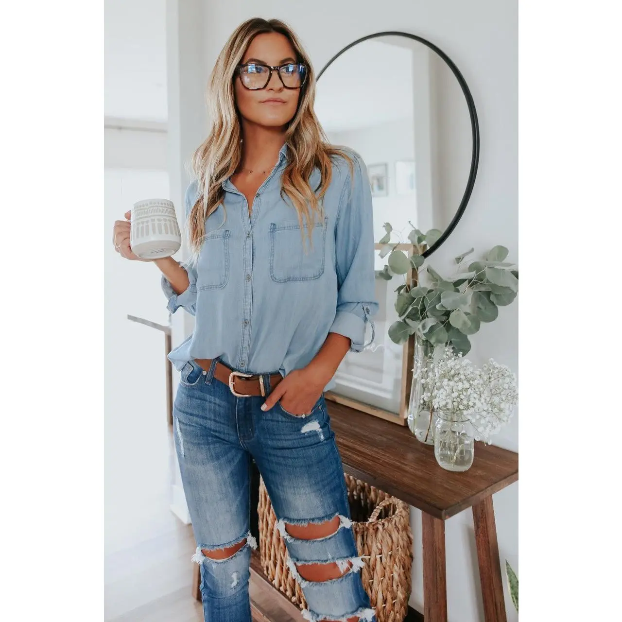 Button Down Light Wash Chambray Top
