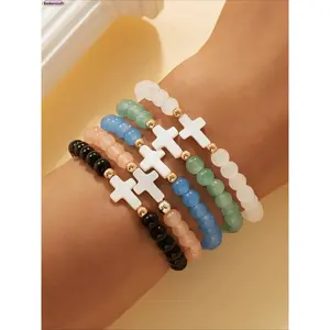 Women’s 5-Pack Beaded Bracelet Set - Cross Charm Bangle, Copper Alloy Pearl Stackable Bracelets, Multicolor Glass Bead Jewelry with Shell Detail, Daily & Party Wrist Accessories, Gift for Women
