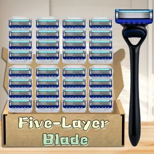 High-Quality Men's Five-Layer Manual Shaver, 1 Handle + 24-48 Blades, Stainless Steel, Washable, Daily Use for Smooth Shaving and Hair Removal