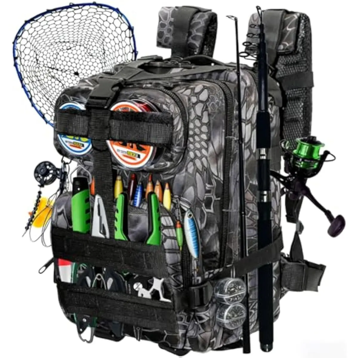 Fishing Tackle Backpack with Rod Holders, Water-Resistant Tactical Python Pattern Oxford Storage Bag for Men, Father's Day Birthday Gift for Dad, Husband, Tackle Storage Bag, Fishing Set, Christmas, Fishing Accessories, Fathers Day