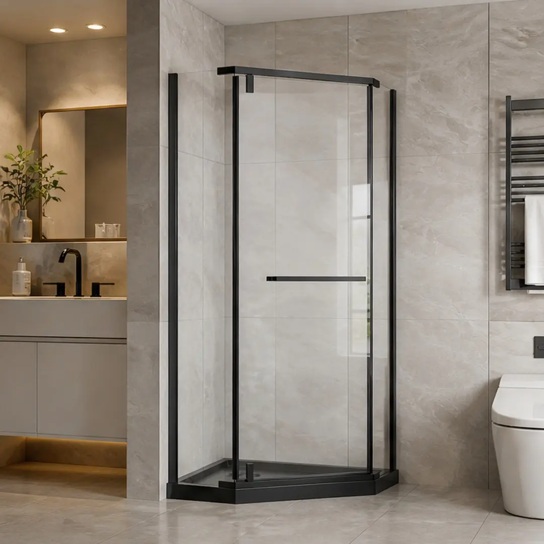 36" x 36" Neo-Angle Frameless Shower Door and Black Acrylic Shower Base Combo, Matte Black Pivot Shower Enclosure with 1/4" Tempered Glass, 304 Stainless Steel Hardware, Easy-Clean Coating, Modern Corner Shower for Small Bathroom