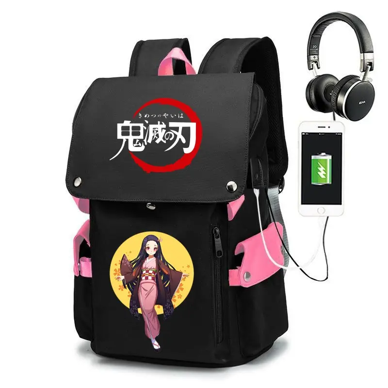 Anime Style Backpack with USB Charging Port and Pink Accents for Daily Use