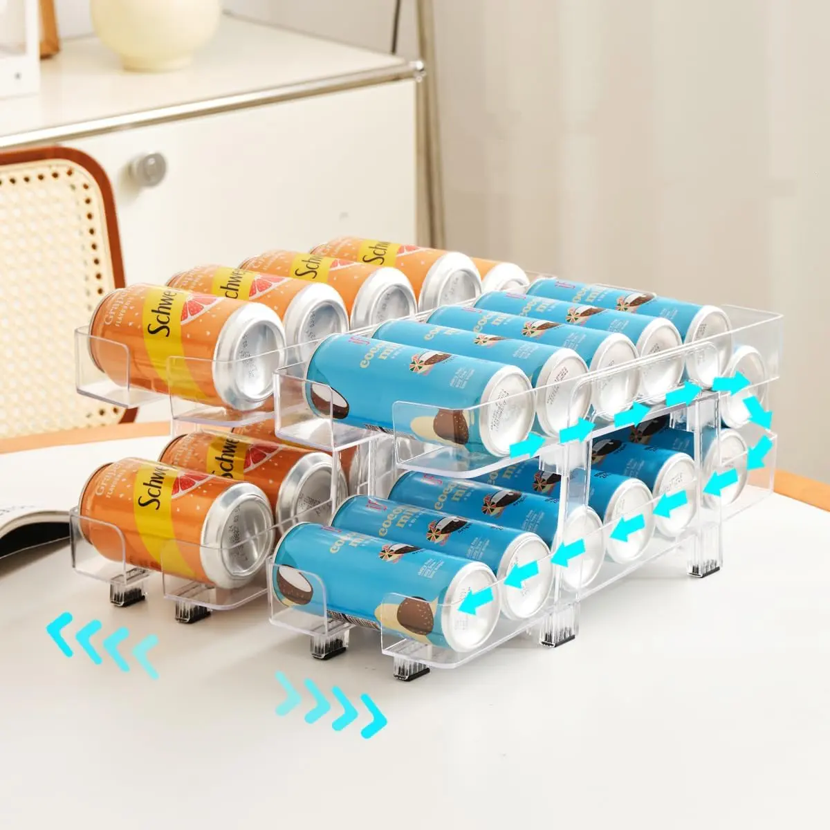 2PC Rolling Soda Can Organizer for Refrigerator Can Dispenser for Fridge Beer Soda Seltzer Pop Can Soda Organizer  Storage Pantry Organization