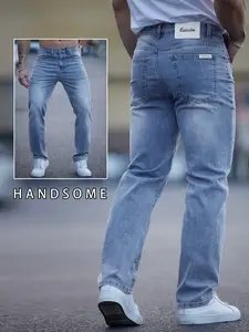 Men's Denim Jeans Spring Summer 2026, Light Blue Washed Straight Fit, Casual Trendy Long Pants, All Seasons Fashion