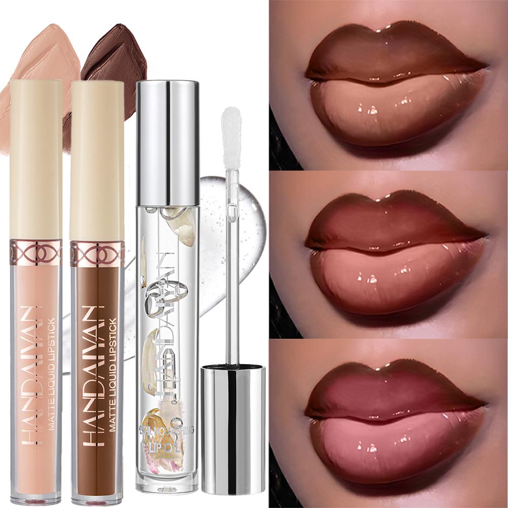 3pcs Matte Lip Gloss & Lip Oil Set - Waterproof Long-Lasting, Non-Stick Velvet Finish, Mixed Shades (Hydrating Matte Lip Liner and Gloss Combo) for Party, Party Festival Christmas Halloween Daily Makeup & Daily Wear, Lip Combo, Assorted Shades Lipstick &