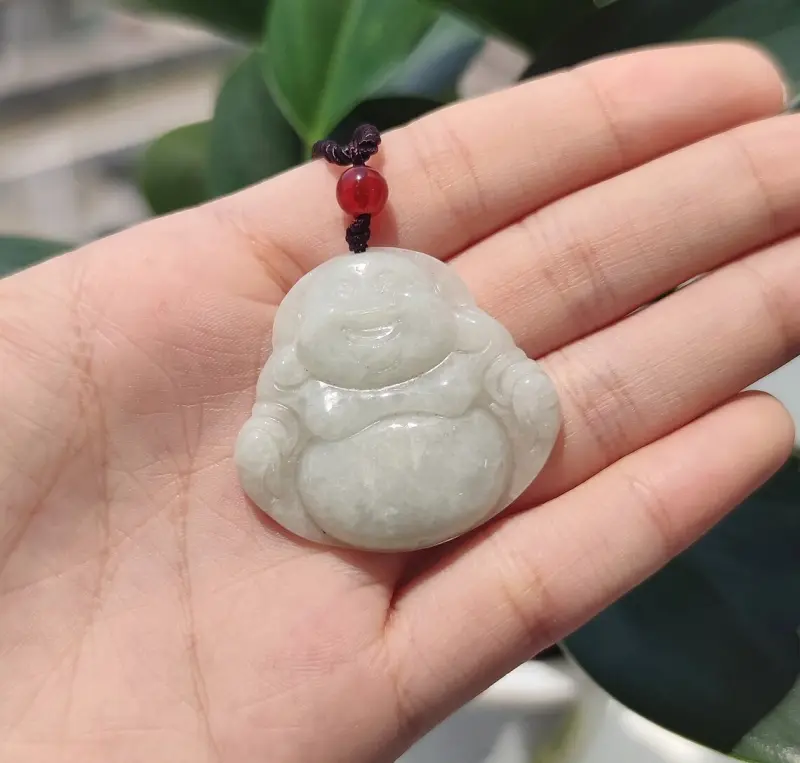 Unisex Green Jade-Style Laughing Buddha Charm Pendant Necklace - Adjustable Cord, Compact, Ethnic, Classic, Natural, Easy-to-Style Casual Jewelry for Adults, Birthday or Anniversary Gift