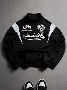 Autumn Winter American Retro Badge Letter Print High Street Trend Patchwork Stand Collar Sweatshirt, Casual Comfortable Warm Wear