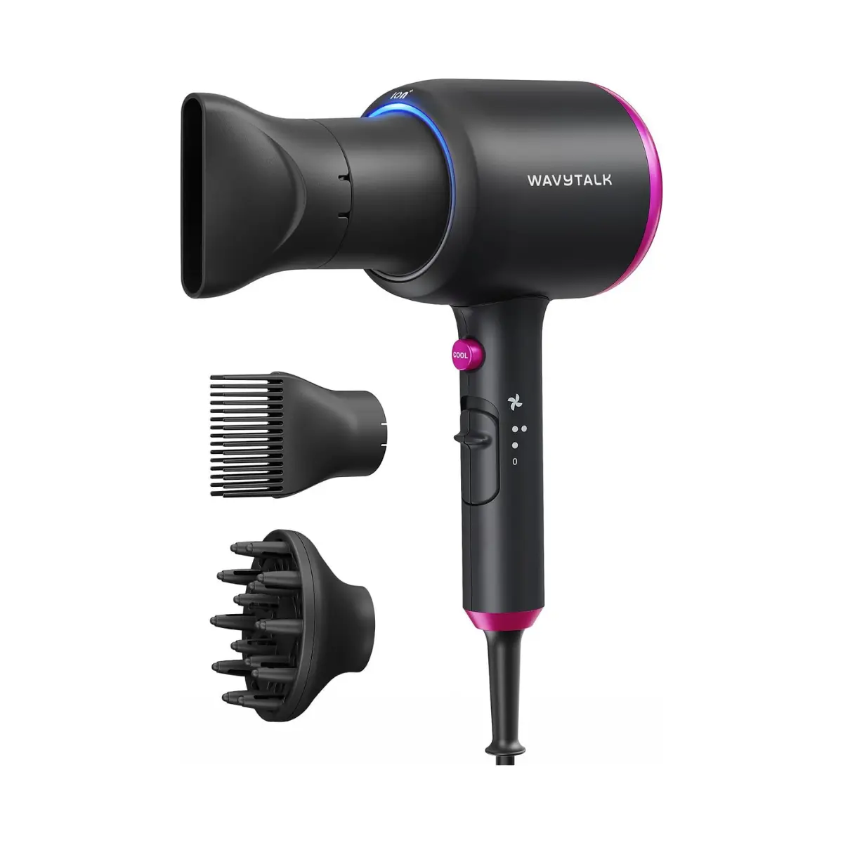 Wavytalk Hair Dryer with Diffuser, Blown Away Ionic Hair Dryer for Curly Hair with Comb, 1875W Fast Drying Blow Dryer with Ceramic Technology, 3 Attachments for All Hair Types, Light and Quiet, Black
