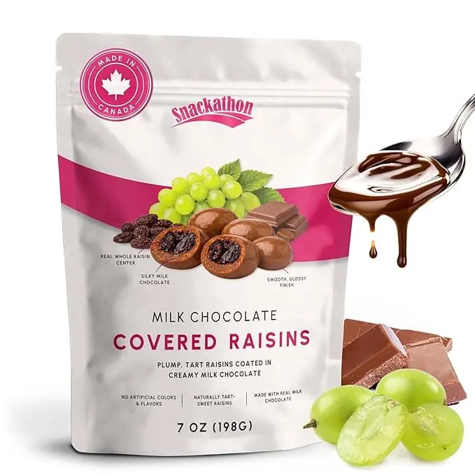 Snackathon Milk Chocolate Covered Raisins, Sweet Chewy Thompson Raisins Coated in Smooth Milk Chocolate, Gourmet Candy for Snacking, Topping or Gifting, Made in Canada