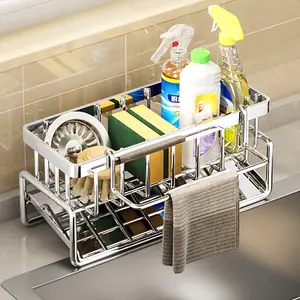 Sponge Holder for Kitchen Sink, Sink Caddy with High Brush Holder, Stainless Steel Dish Sponge Holder with Divider, Dish Soap Dispenser & Storage Organizer Racks
