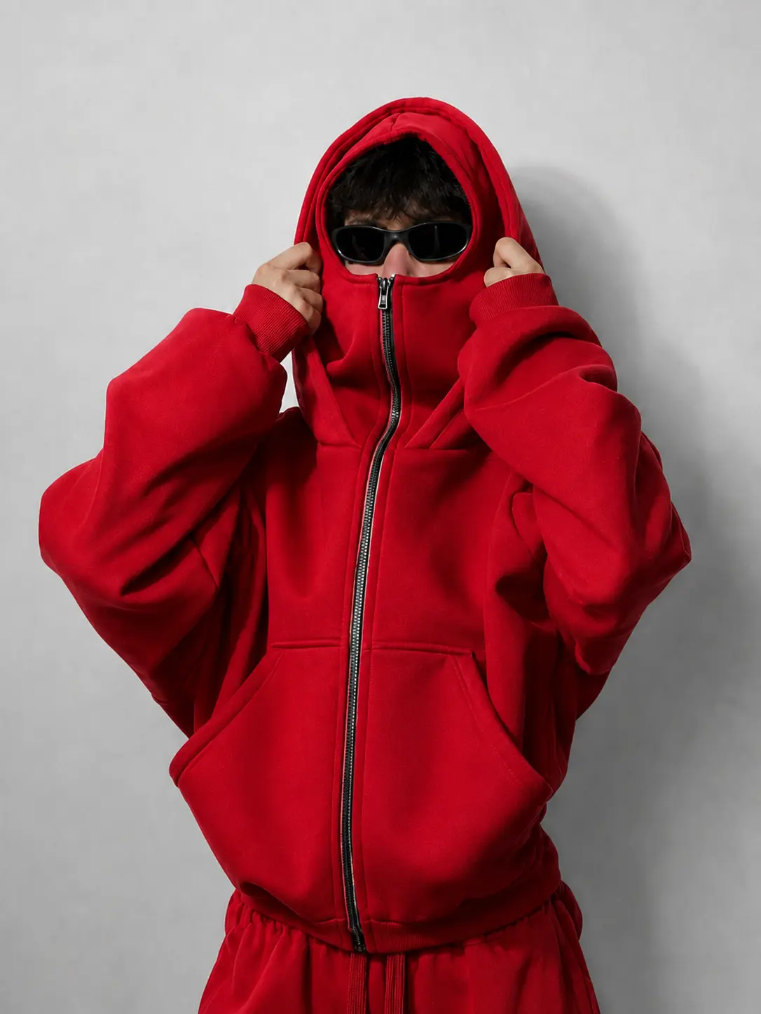 Men's Balaclava Mask Double Hood Zip Up Hoodie, Oversized Full Zip Sweatshirt with Face Cover, Techwear Streetwear Top for Fall Winter Outdoor Wear