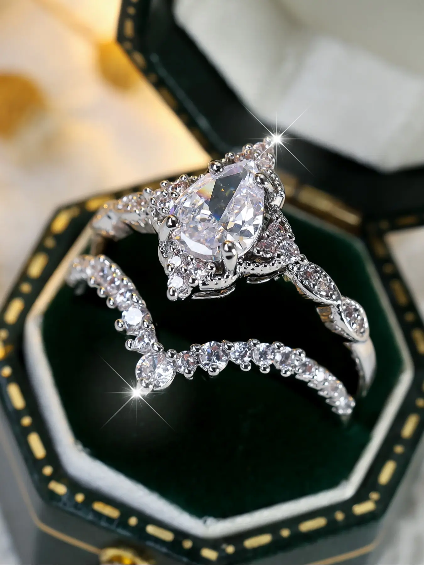 Elegant and delicate white teardrop synthetic zirconia silver V shaped ladies set ring Ladies engagement promise ring Perfect ladies jewellery gifts Beautiful Rings Promise Engagement Rings