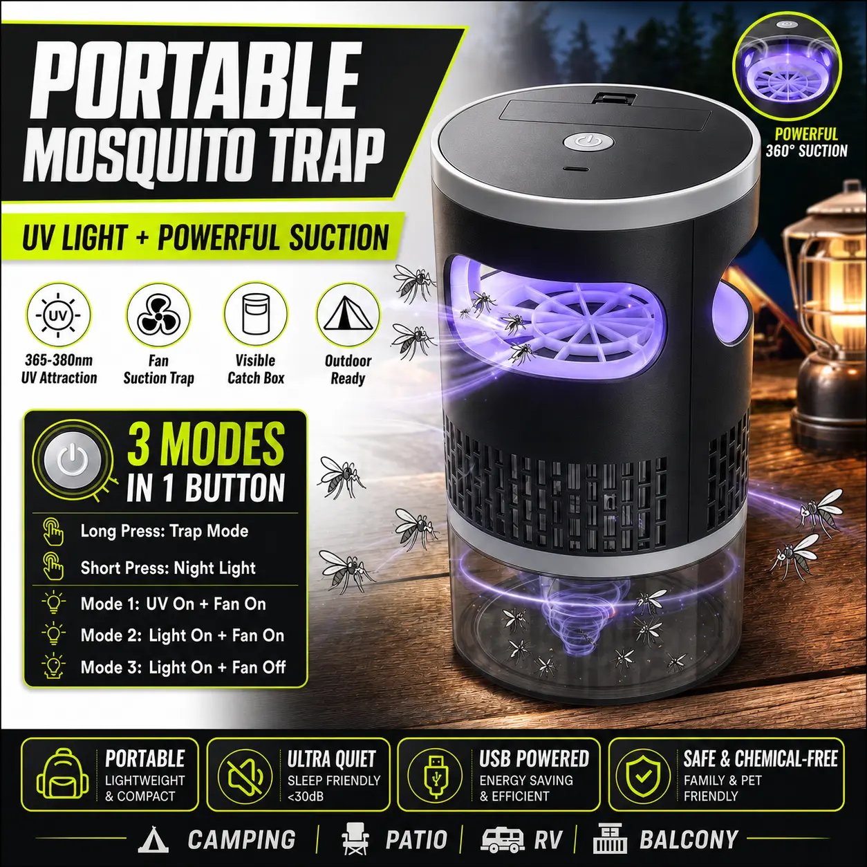 [USB-C Rechargeable] Portable UV Mosquito Trap, Quiet Suction Killer Lamp with 365nm Light,, Up to 12H Cordless Use, Chemical-Free Flying Insect Catcher for Bedroom, Home, Office, Camping And RV