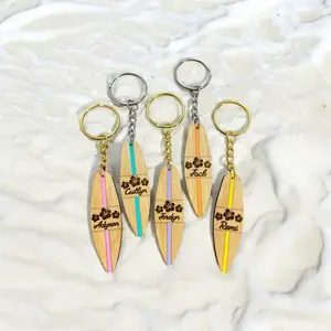 Personalized Name Surfboard Keychain - Y2K Style Summer Keychain with Laser Engraving - Customizable Wooden Surfboard Keyring for Gifts