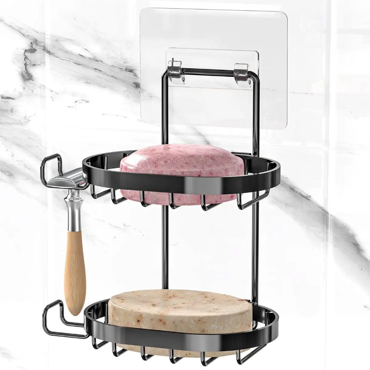 2 Tier Soap Dish Holder, Soap Bar Holder with Hooks, Shampoo Bar Caddy for Shower Wall, Razor Holder for Shower, Bar Soap Container 304 Stainless Steel, Bathroom (Black)