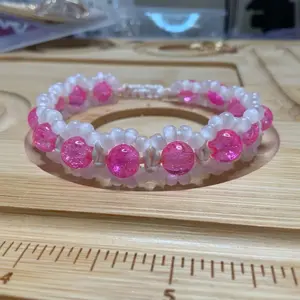 Hot pink and white  daisy macrame glass beads handcrafted bracelet 7.5” adjustable