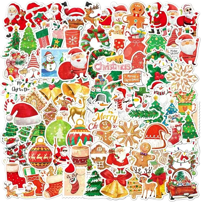 100 Non-Repeating Glitter Holographic Christmas Stickers - Bulk Multi-Size Varied Shapes Vinyl Waterproof Festive Decor, Giftable for Envelopes, Cookies, Candy Bag Sealing, Birthday Craft Supplies, Thank You Cards, 1.5-3.6 Inch