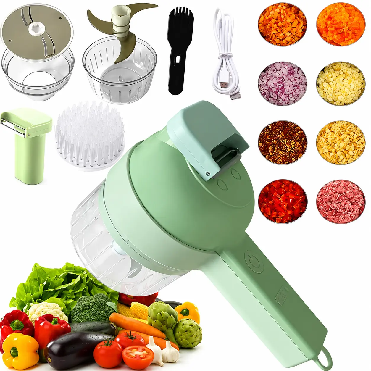 4-in-1 Compact Handheld Electric Vegetable Cutter - Home Supplies Wireless Chopper with Open Feed Slicer, Mini Meat Grinder, Garlic Pureeing Maker & Electric Cleaning Brush, Portable Kitchen Gadget for Onion Chili