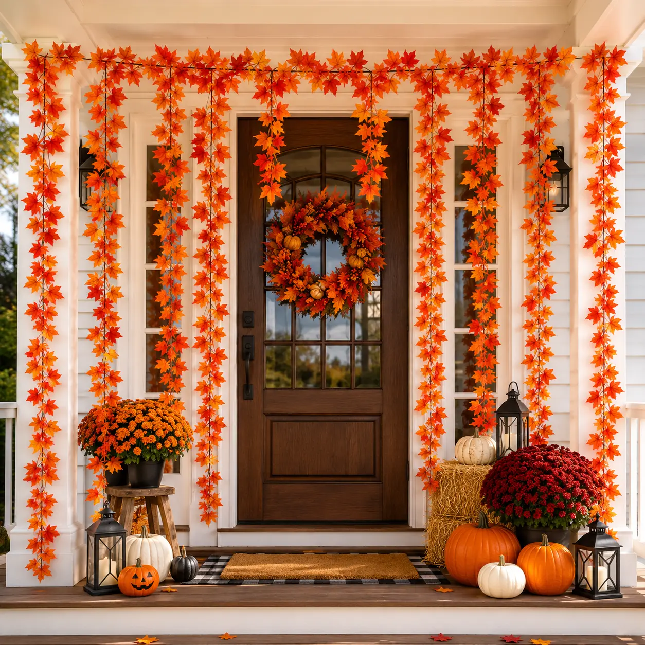 12 Pack Artificial Fall Maple Leaf Garlands, Realistic maple leaves, perfect for Thanksgiving and Halloween—ideal for porches, doorways, fireplaces, staircases, and party decorations