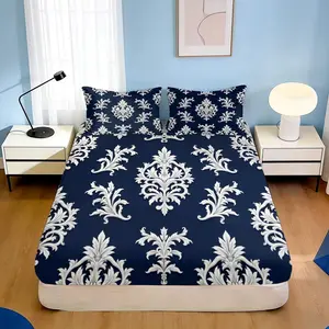 3pcs Fitted Sheet Elegant Baroque Style, Classic Floral Theme Bedding, Navy Blue with White Intricate Damask Print, for Bedroom Decor(1 Fitted sheet+2 pillowcases, Without Core)