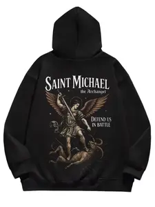 Made in USA, Men's Saint Michael Archangel Hoodie, Catholic Protector Design Pullover Hooded Sweatshirt, Graphic Casual Hoodies Crewneck, Religious Gift for Men