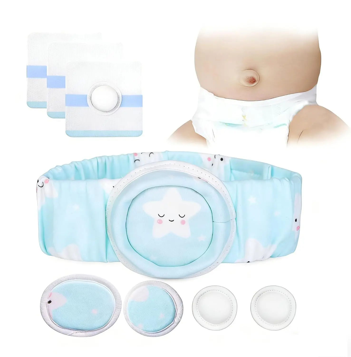 Baby Navel Care Belt Kit, Soft Cotton Adjustable Belly Band with Patches, Comfortable Daily Wear for Newborns