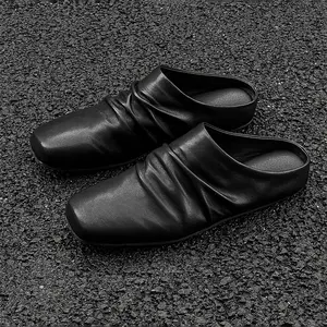 Men's Square Toe Pleated Loafers |   Slip-On Flat Mules |   Backless Business Casual Dress Shoes 14949