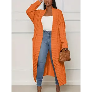 Plus Size Casual Cardigan, Women's Plus Cable Knitted Long Sleeve Open Front Medium Stretch Sweater Cardigan With Pockets