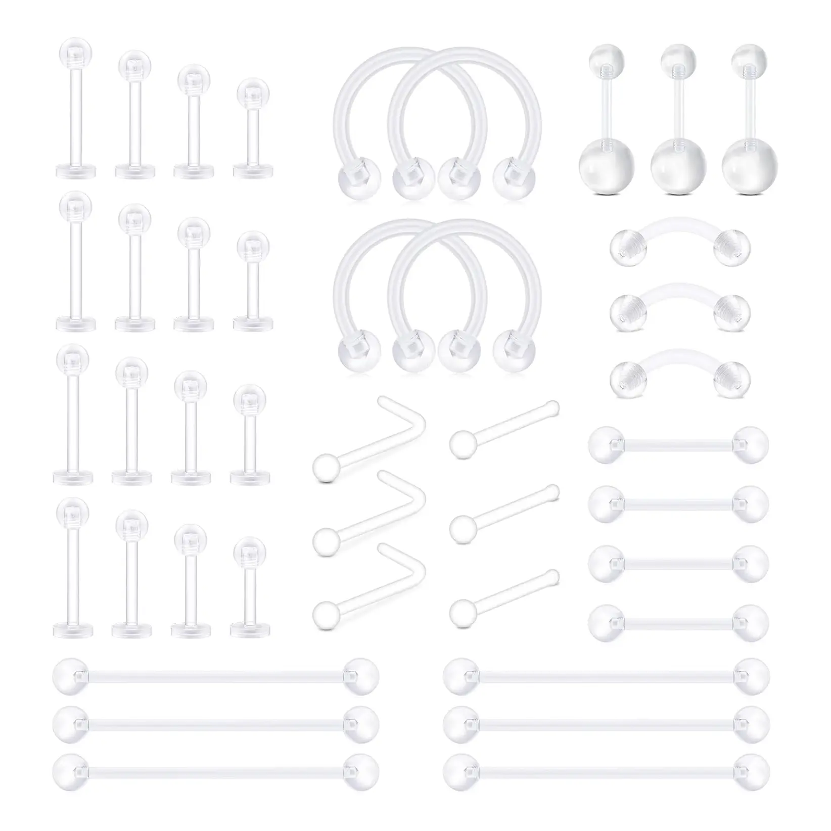 14G 16G 20G Clear Piercing Retainer 38PCs/Set Flexible Bioplast Belly Eyebrow Tongue Nipple Industrial Barbell Piercing Plastic Lip Labret Stud Horseshoe Septum Nose Rings for Work bio flex