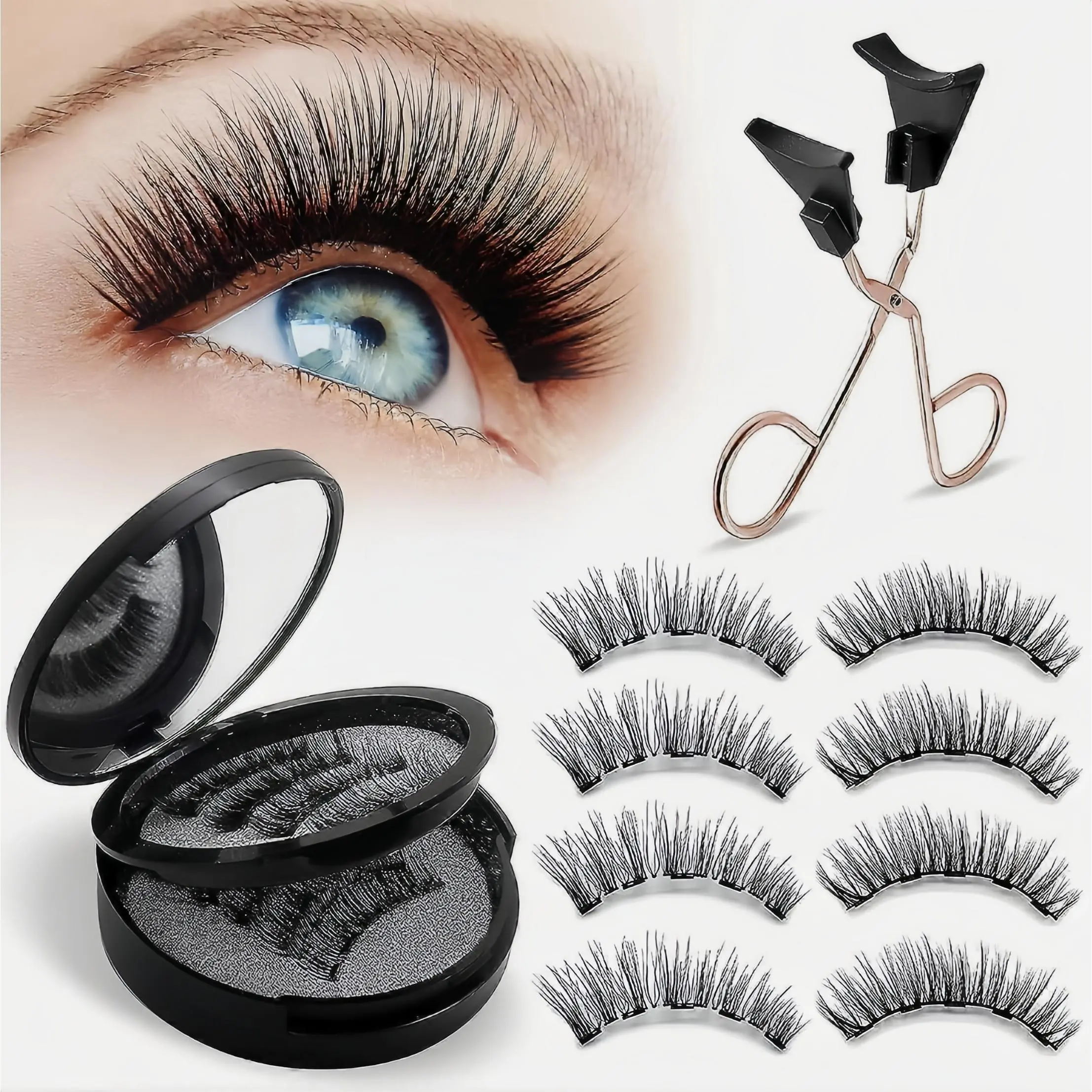 Magnetic Eyelashes 4 Pairs Set with Applicator, Natural Reusable No Glue Needed