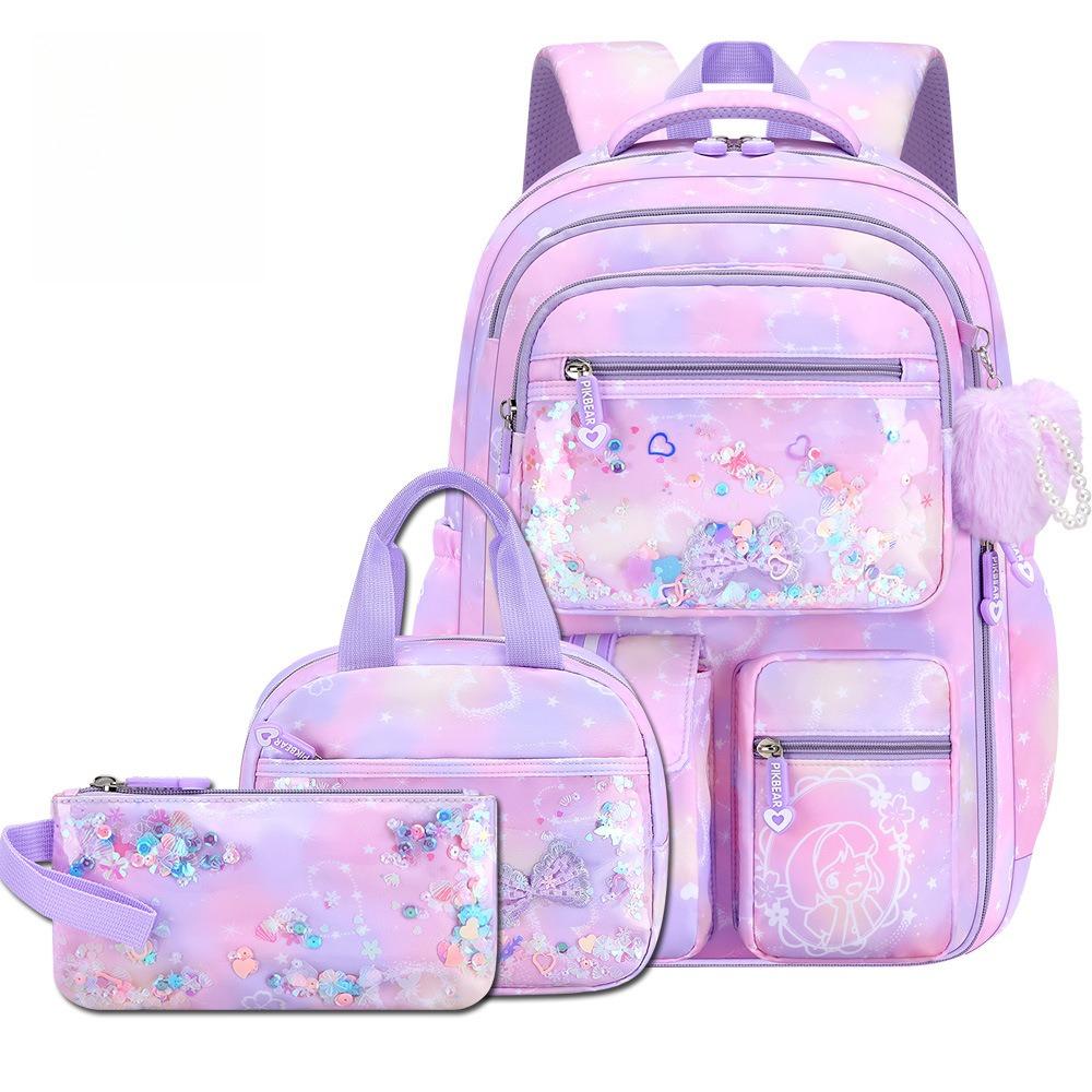 Cute 3pcs Backpack Set, Pink Purple Butterfly School Bag, Pencil Case, Lunch Bag, Casual Outdoor Bag Set