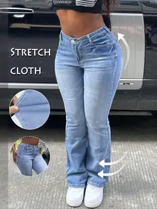 GILIPUR Y2K Women's Plain Pocket Button Fly Flare Leg Stretchy Jeans, Casual High Waist Bell Bottom Denim Trousers for Daily Wear, Ladies Bottoms for Fall & Winter 90s Loose gap Stretchy Jeans Mom Stretchy Jeans Stretch Stretchy Jeans