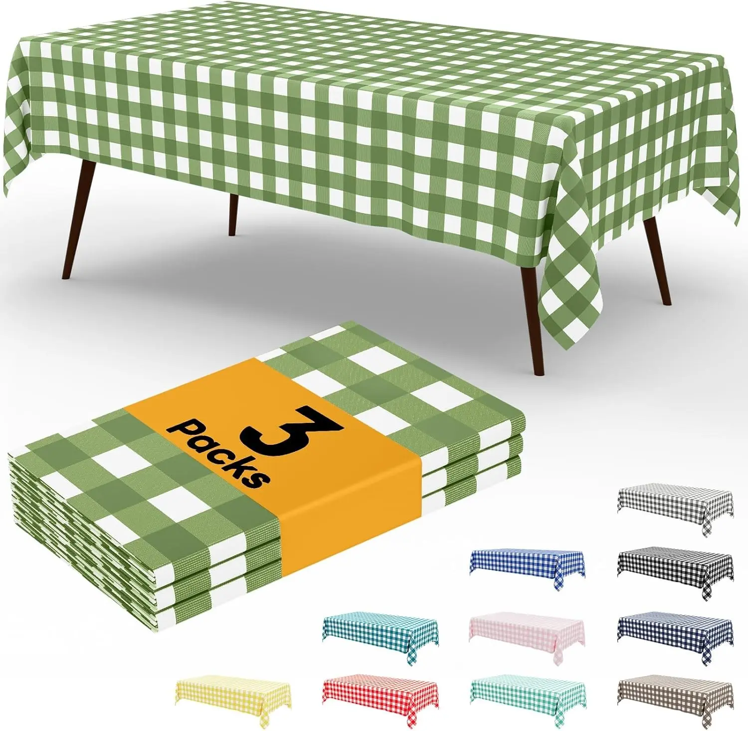 3 Pack Sage Green Gingham Disposable Tablecloths - 54" x 108" Heavy Duty Plastic Table Cloth, Waterproof Buffalo Plaid Table Covers for Picnic, Banquets, Outdoor, Easter