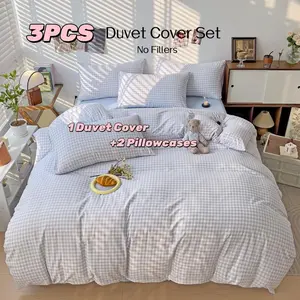 Three-Piece Plaid Blanket Set, Large Blue Grid Bedding, Soft Breathable Washable Microfiber, Includes Pillowcases, Bedroom Furniture, Breathable Duvet Set, Bed Sets