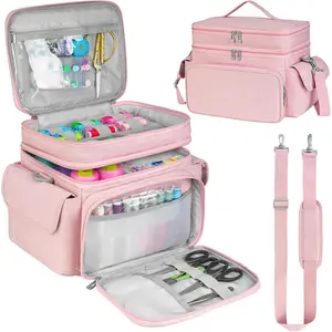 Sewing Supplies Organizer,Double-Layer Sewing Accessories Storage Bag,Protable Travel Sewing Box Sewing Basket for Sewing Tools,Pink(Bag Only)
