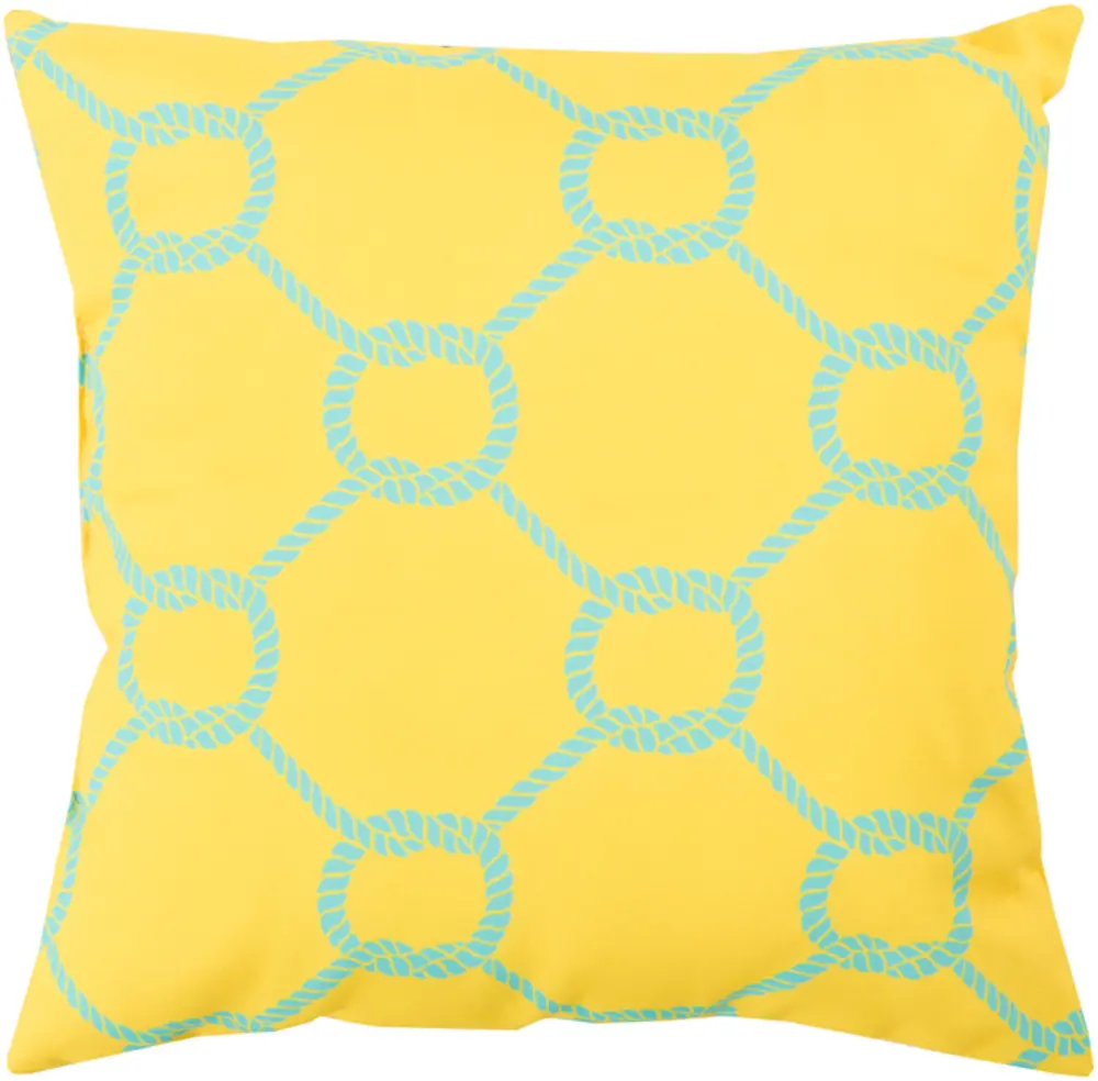 Livabliss RG144-1818 Coastal Nautical Woven Rope Motif Water-Resistant Polyester Medium Size Rain Aqua Yellow Throw Pillow, 18x18x4 in. - Textiles Soft Furnishings for Indoor/Outdoor Use