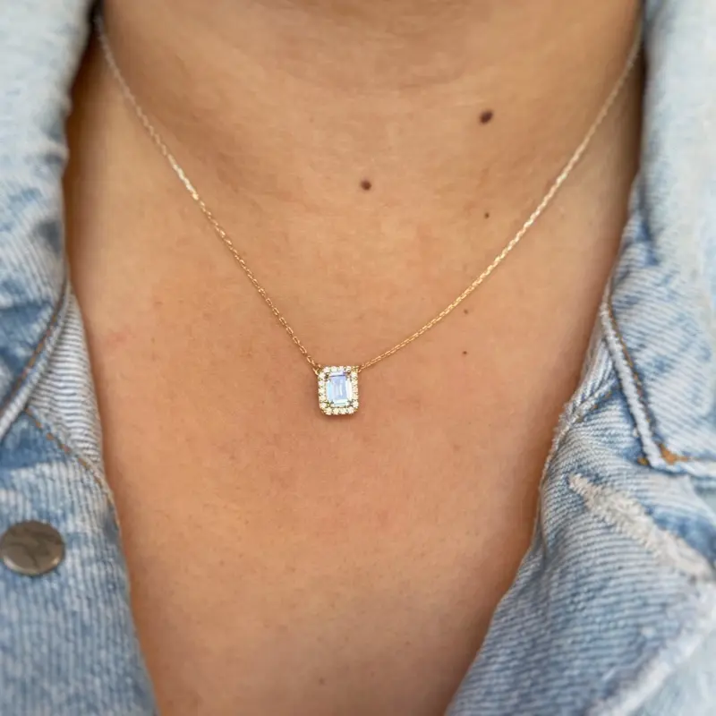 Emerald Cut Halo Necklace, Emerald Diamond Necklace, Gold Vermeil